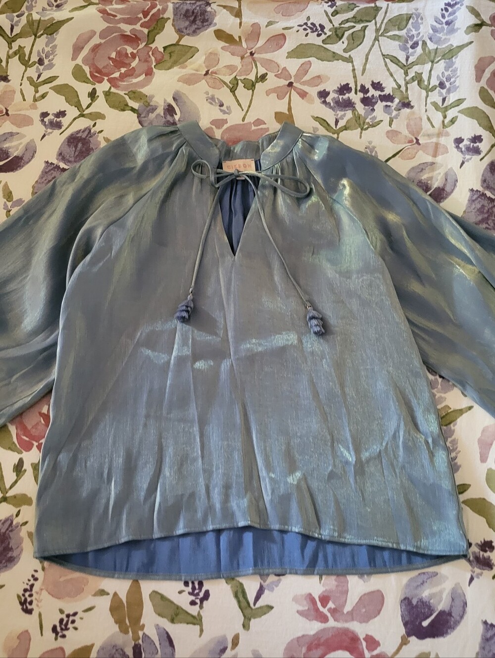 Ciebon Teal Blouse with Metallic Gold Sheen and Tassel Tie - Picture 8 of 12